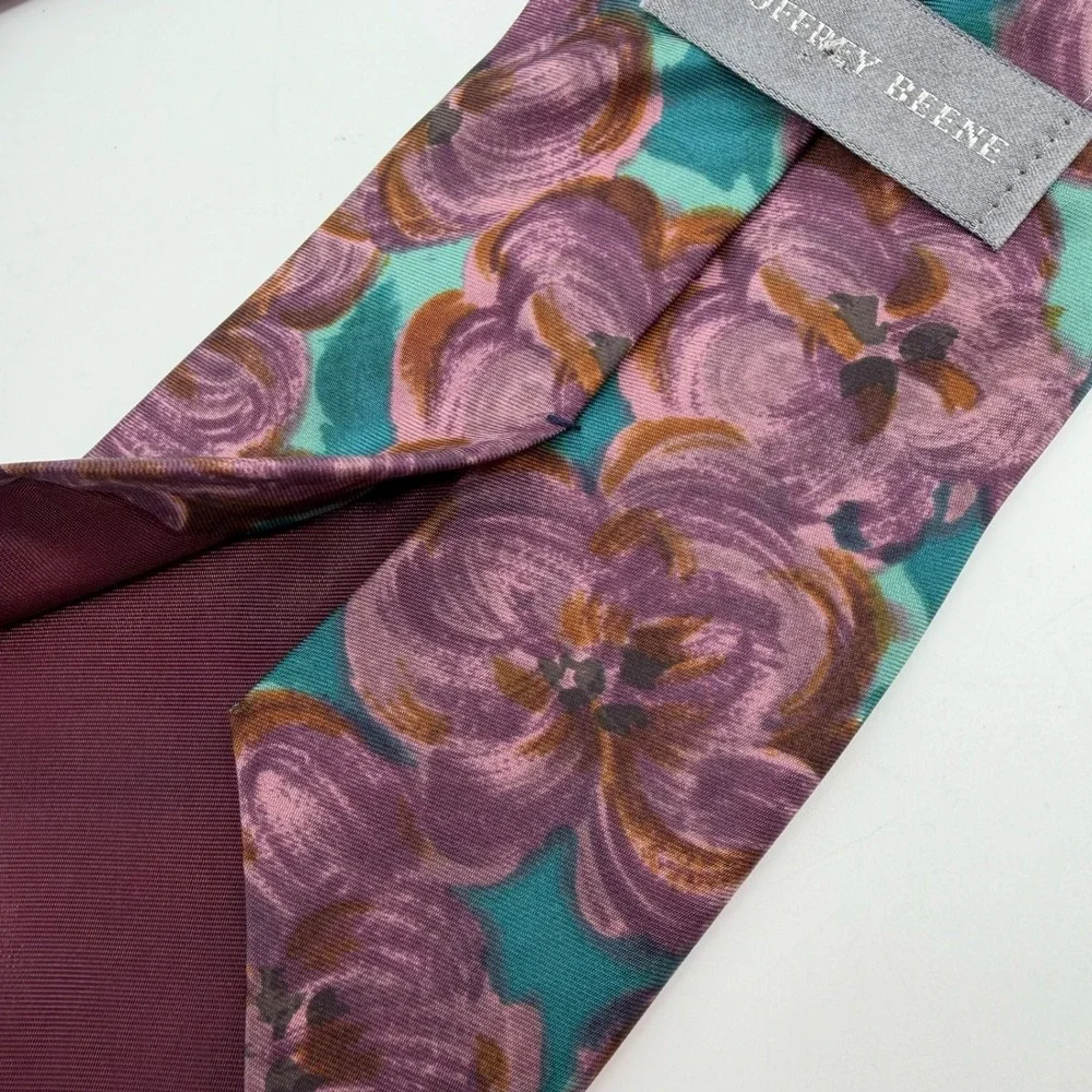 Geoffrey Beene Tie Mens Purple Teal Floral Italian Fabric Made USA Necktie